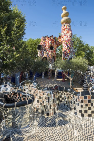 Colourful sculptures made of glass and mirrors, Giardino dei Tarocchi, Garden of Tarot, by Niki de
