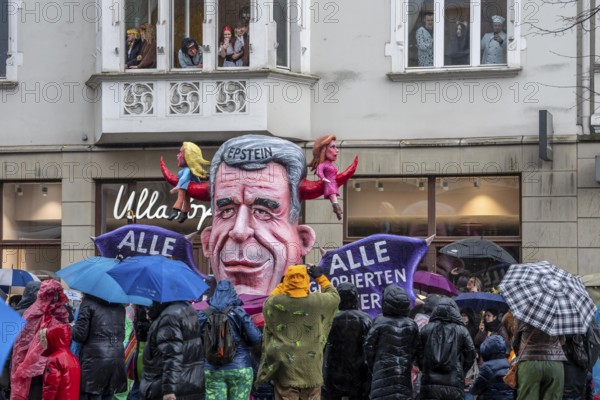 Rose Monday procession in Düsseldorf, theme car by wagon manufacturer Jacques Tilly, Epstein files