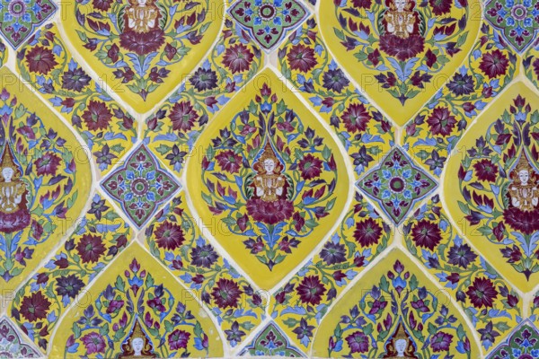 Coloured Bencharong ceramic tiles, depiction of Thai angels (devas) in diamond-shaped frames,