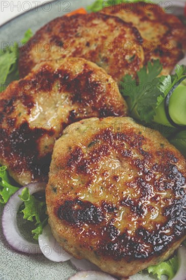 Fried chicken cutlets, minced chicken, with vegetables, on gray, with vegetable salad, top view,