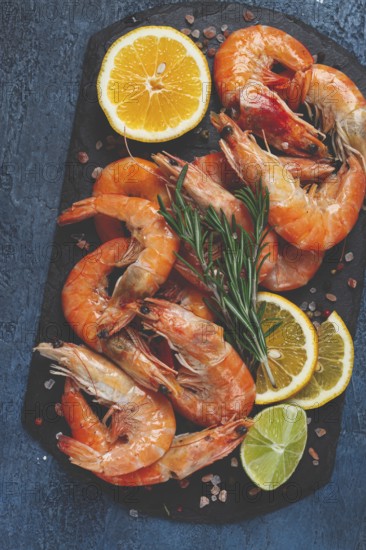 Freshly frozen shrimp, with lemon and rosemary, on black slate, close-up, top view, no people