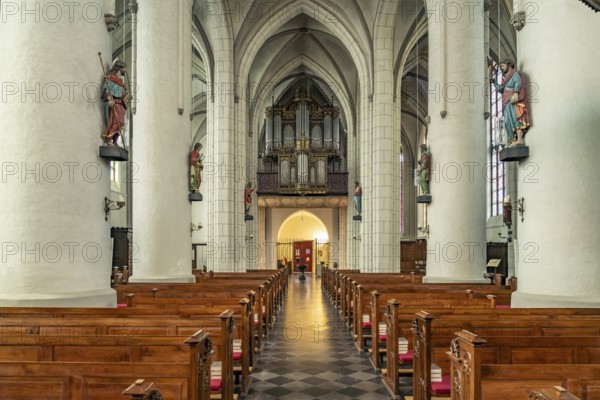 Interior and organ of the Catholic parish church of St. Peter and Paul in Straelen, North
