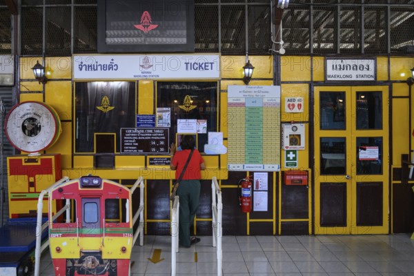 Mae Klong, Thailand. March 15th 2025. The train ticket office at the Maeklong Railway station in