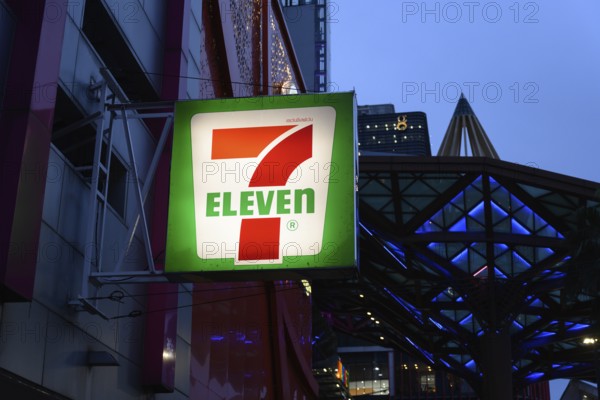 7 Eleven shop front sign and logo outside the popular convenience shop and supermarket in central