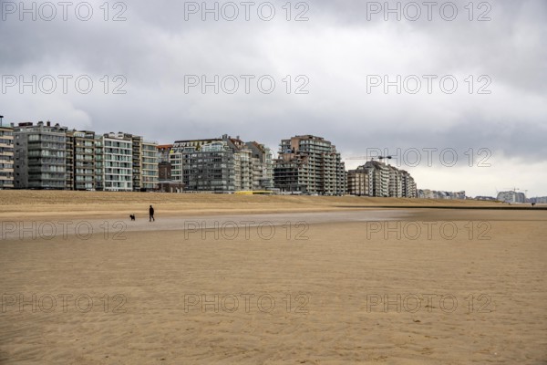 The skyline of Knokke-Heist, on the North Sea beach, dreary winter day, mostly apartment buildings
