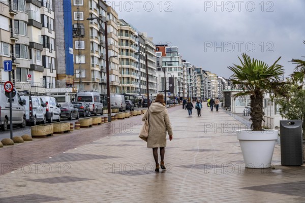 Zeedijk-Knokke, beach promenade in Knokke-Heist, on the North Sea beach, dreary winter day, mostly
