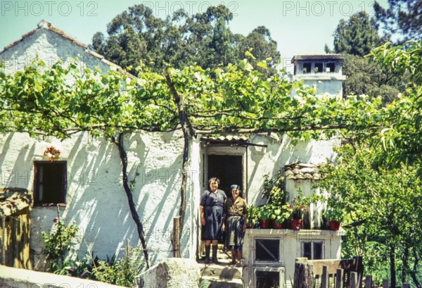 Two women standing outside a traditional rural house with grapevines growing in the garden,