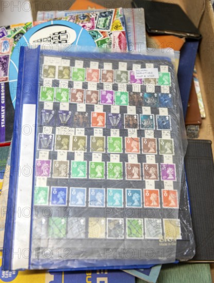 Stamp album collection page of Queen Elizabeth II Machin decimal definitive stamps, both mint and