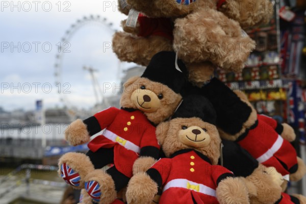 London, UK. January 31st 2025. Typical London themed children's toy bears for sale to tourists with