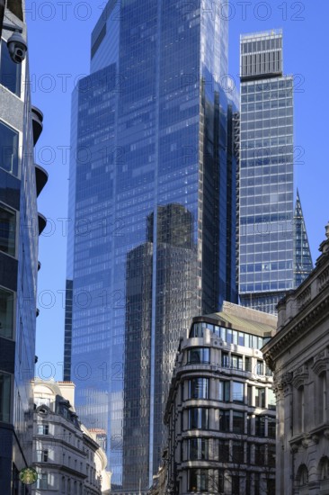 London, UK. January 29th 2025. Modern skyscraper office buildings tower over historic Threadneedle
