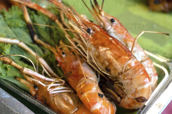 A tasty display of shrimp shellfish, a popular seafood menu snack sold from street food stalls and