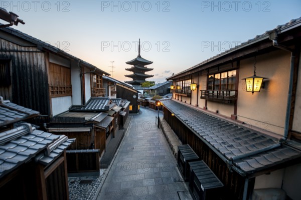 Yasaka dori historic street in the old town with traditional Japanese houses, five-story Yasaka