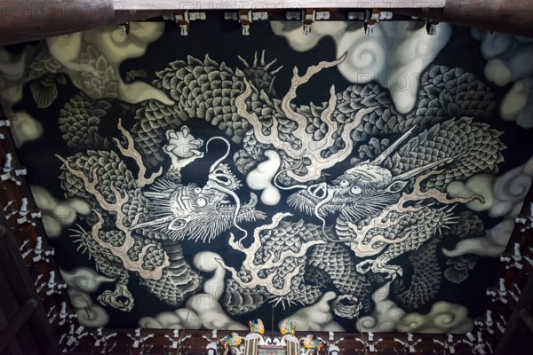 Interior view of Hodo Hall in Kennin-ji Buddhist Temple, Twin Dragon ceiling painting by artist