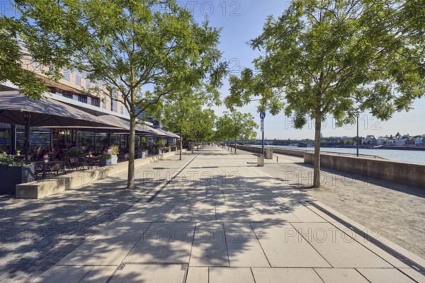 Grissini restaurant and terrace, outdoor area, gastronomy, Rhine river, concrete wall, waterfront,