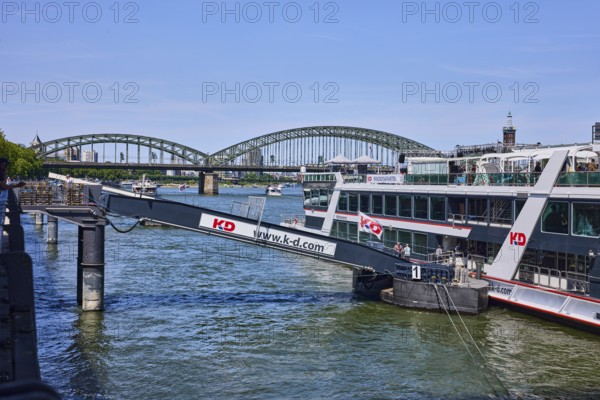 Rhine river, excursion boat, gangway, Cologne-Düsseldorfer Deutsche Rheinschiffahrt GmbH, bridge,