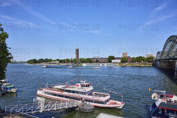 Rhine river, Hohenzollernbrücke pedestrian and railway bridge, excursion ship Willi Ostermann,
