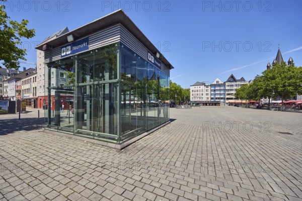 Underground car park, modern architecture, general development, paving stone square, trees, blue