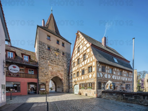 The Hersbrucker Tor and a half-timbered house in Lauf an der Pegnitz, Middle Franconia, Bavaria,