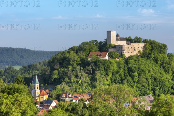 View of Falkenstein with St. Sebastian Church and Falkenstein Castle, Falkenstein, Bavarian Forest,