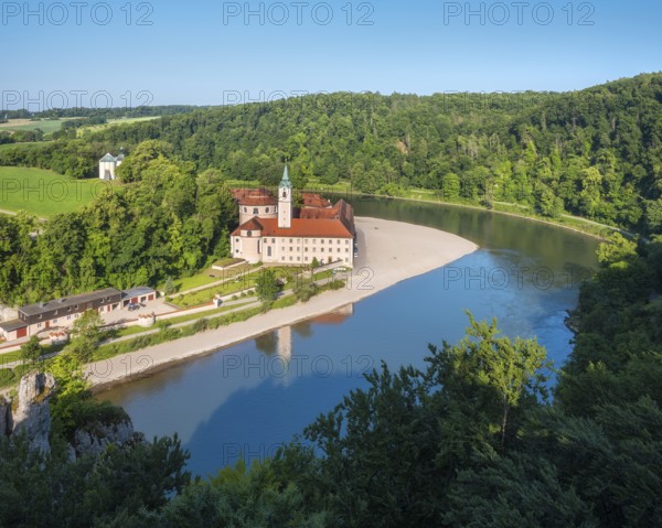 View of the Danube and Weltenburg Abbey at the Danube Breakthrough, Danube Valley near Kelheim,