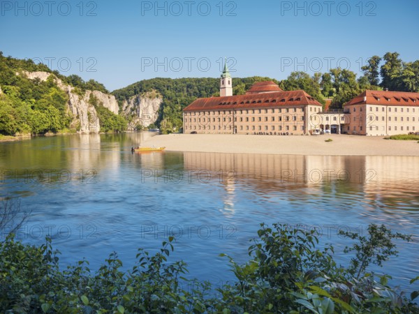 View across the Danube to Weltenburg Abbey at Danube Breakthrough, Danube Valley near Kelheim,
