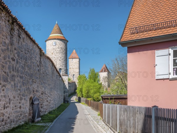 Narrow alley on the city wall with defensive towers, Dinkelsbühl, Ansbach district, Middle
