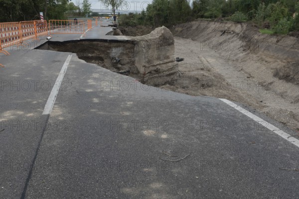Flood damaged road subsidence in Lower Austria near the River Danube, Storm Boris caused extensive