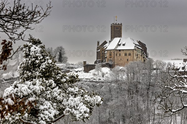 Medieval castle in winter with snow-covered forest and cloudy sky, The Wartburg near Eisenach in