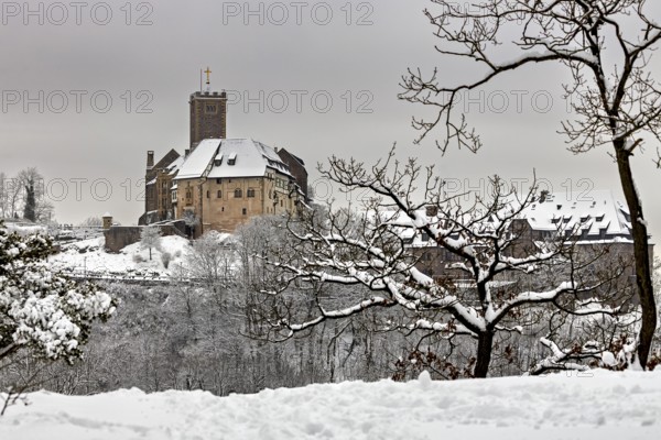 Medieval castle surrounded by snow-covered trees and cloudy skies, The Wartburg near Eisenach in
