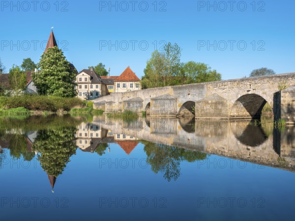 The Stone Bridge, medieval stone bridge over the Wörnitz river near the small village of Ebermergen
