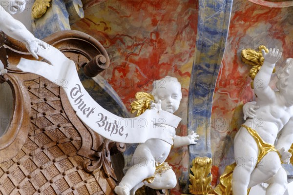 Putto, Angel, Busse tun, saying, St. Michael Parish Church, Bertoldshofen, Ostallgäu, Swabia,