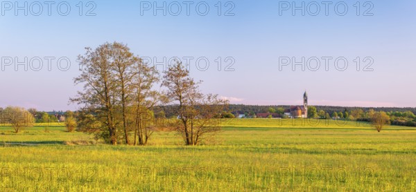 Meadow landscape in the Altmühltal, behind Großenried with the church of St. Lawrence, Middle