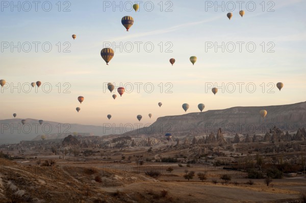 Goreme, Cappadocia, Turkey. November 10th 2017 Hot air balloons over the landscape of Cappadocia,