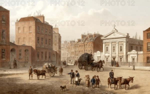 Clarendon Square, with The Polygon on left and St Aloysius Chapel on right, 1850, Somers Town, 19th