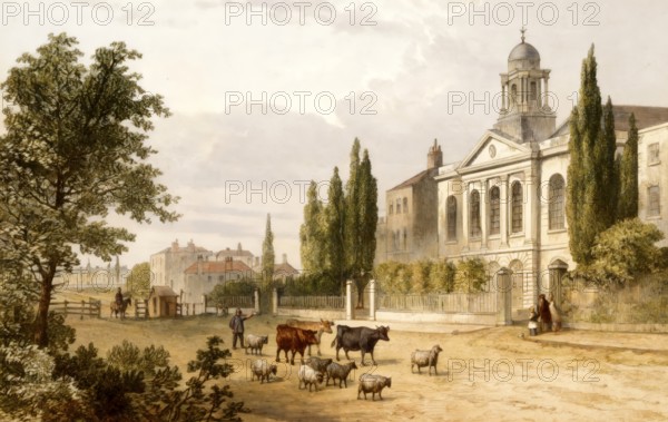 Turnpike in Hampstead Road in 1820, St. James Church, 19th century, London, England, United Kingdom