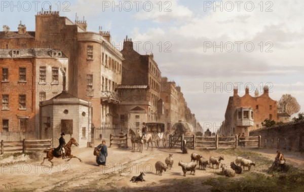 Street scene at Tyburn Turnpike, 1820, view of the entrance of Oxford Street, London, England,