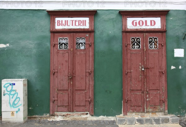 Closed doors of a jewelry store in the old town of Sibiu, Sibiu, in Transylvania, jewelry and gold,