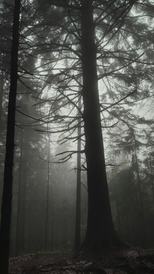 Gloomy forest scene with a large tree in the foreground, covered in fog and shadow, Zakopane,