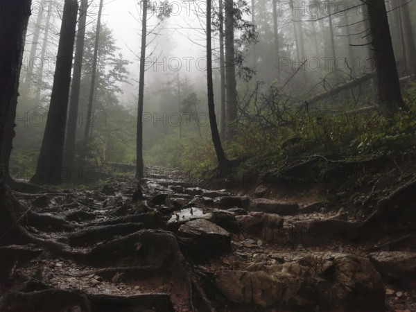 Mystical forest trail full of roots and stones in fog surrounded by tall trees, Zakopane, hiking to