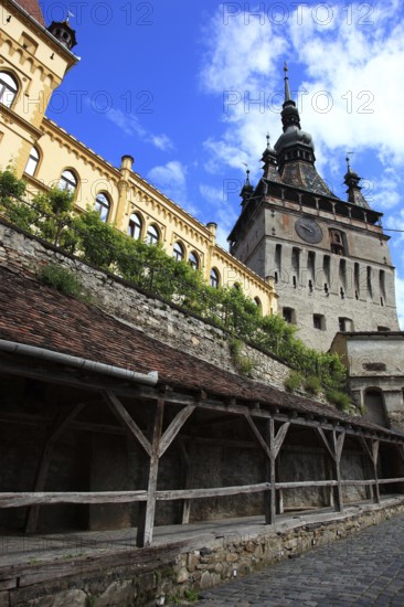 Romania, hour tower in the historic old town of Sighisoara, German Sighisoara, town in Mures