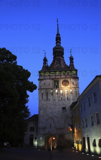 Romania, hour tower in the historic old town of Sighisoara, German Sighisoara, town in Mures