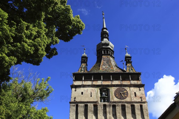 Romania, hour tower in the historic old town of Sighisoara, German Sighisoara, town in Mures