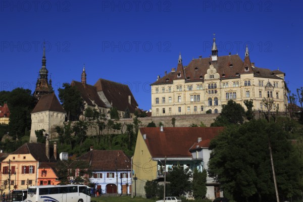 Romania, view of the upper town of the historic old town of Sighisoara, German Sighisoara, town in