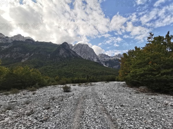 Rocky path leads through a flat riverbed towards wooded mountains, Peaks of the Balkans, hiking in
