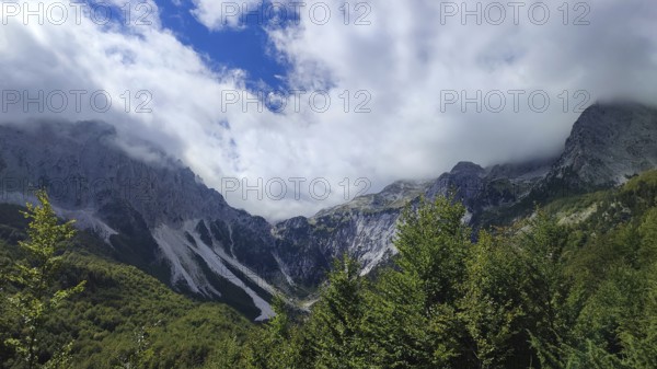 Mountain panorama, majestic mountain landscape with clouds and thick forests under blue sky, Peaks