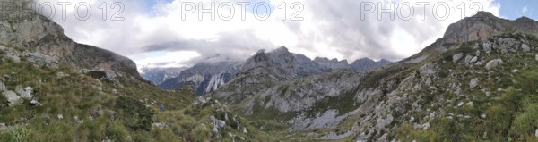 Wide mountain panorama under cloudy sky, with rocky elevations and a valley, Peaks of the Balkans,