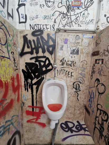 Close-up of a urinal in a graffiti-covered toilet room, Lisbon, Portugal
