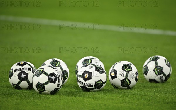 Adidas Derbystar game balls special edition, lying on grass, soccer Bundesliga, DFB-Pokal, Allianz