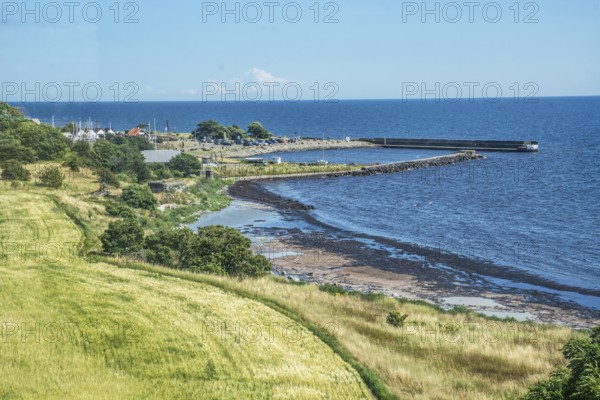 View from Smygehuk lighthouse and view towards the harbor of Smygehamn in Trelleborg municipality,