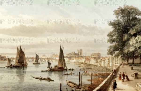 The view from the river terrace of Somerset House towards Westminster, London, England, 18th